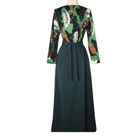 Vintage 70’s Hunter Green Novelty Feather Print Sequin Belt Maxi Dress - Picture 7 of 8